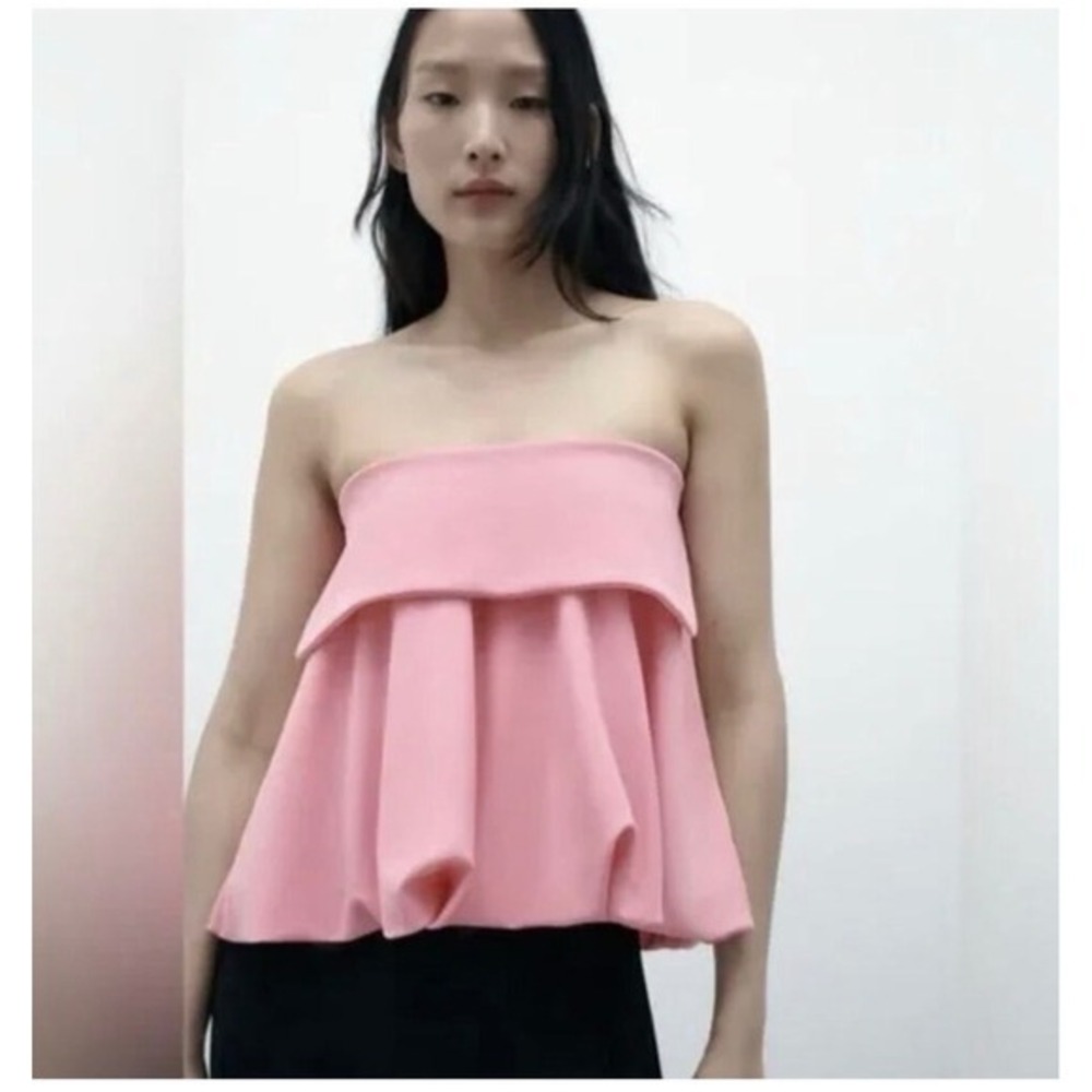 Zara bandeau strapless Bubble Hem Top Small Pink New Fold Over Peplum